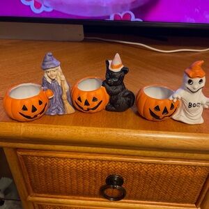 Set Vintage Halloween Figural Candle Holder White Ghost and black cat and Witch